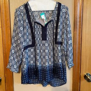 NWT Daniel Rainn 3/4 sleeve, indigo/white, blouse.